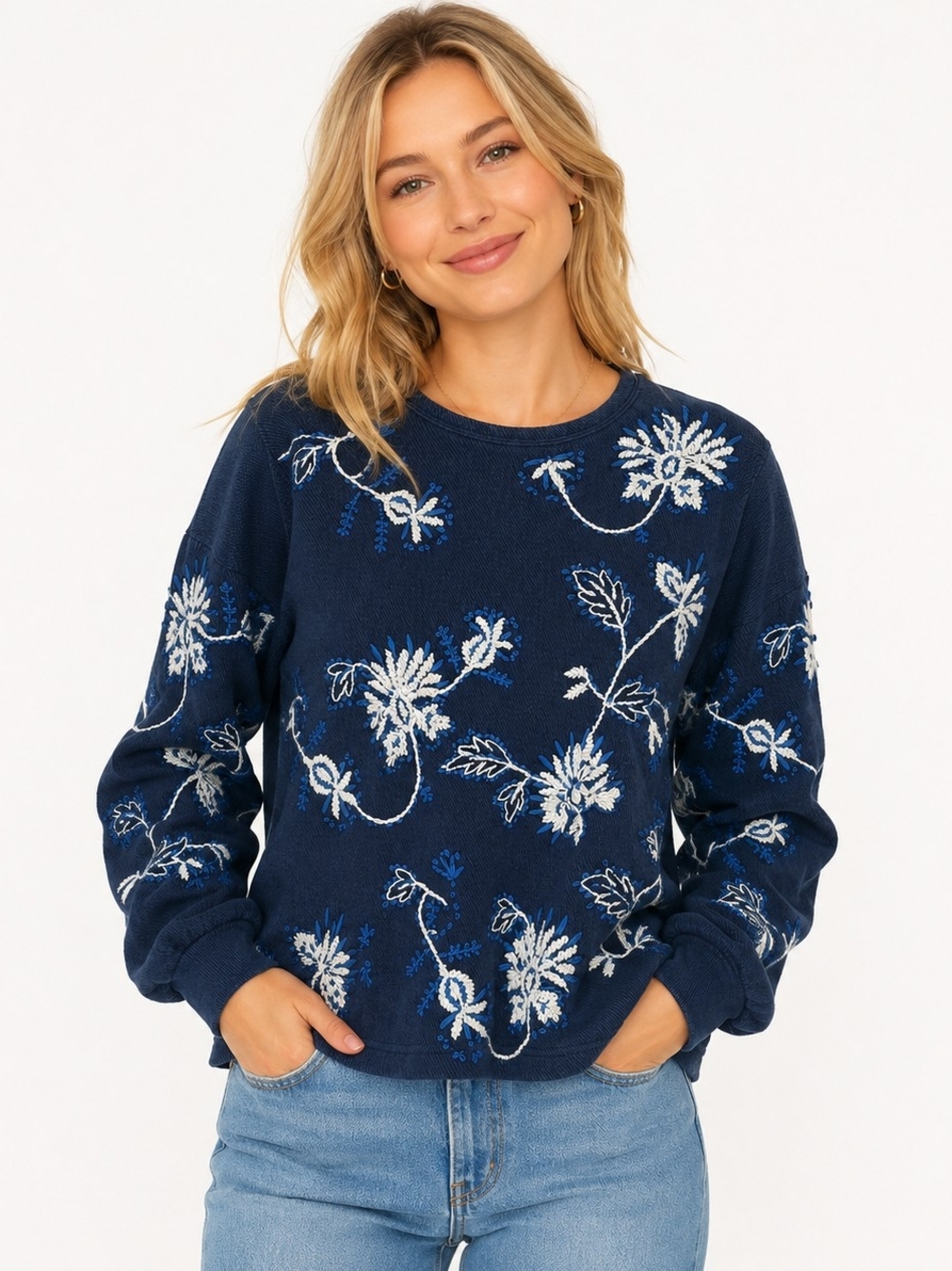 Wrap London Blue Floral Crewneck Sweater with White & Blue  Embroidery